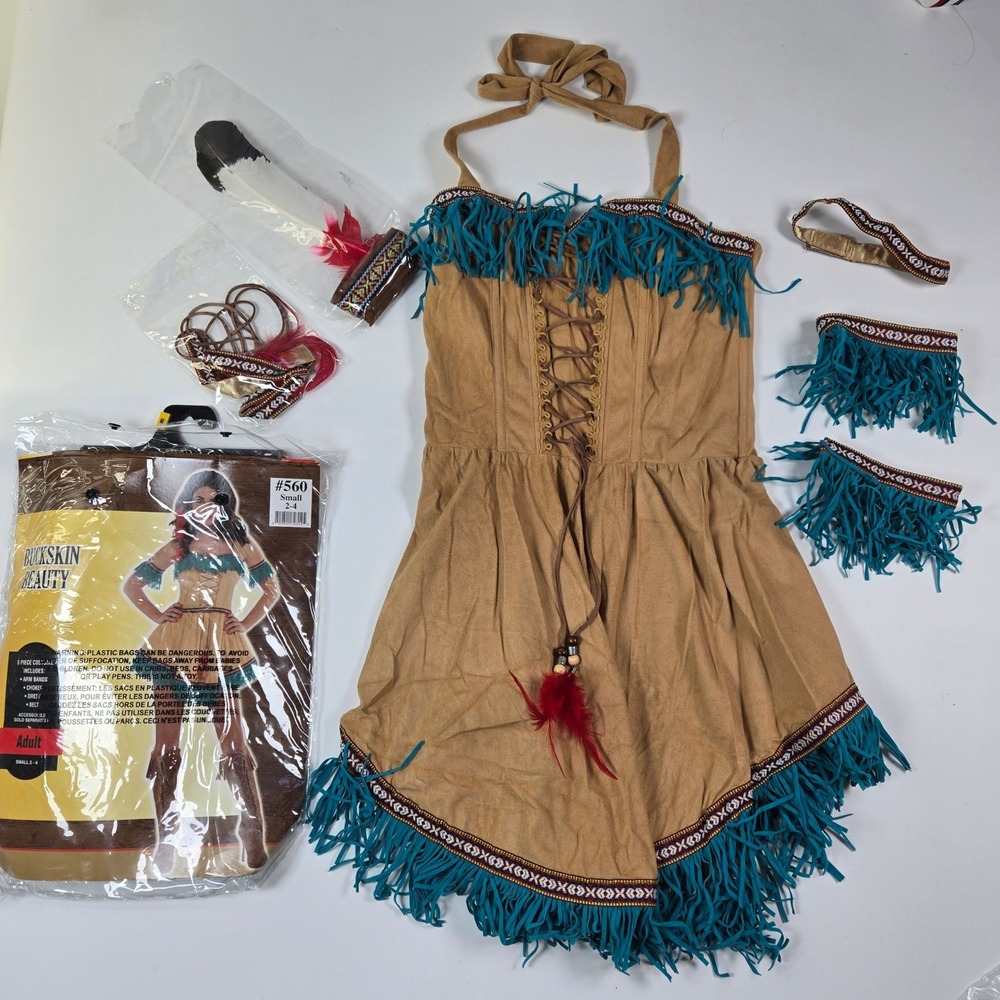 Buckskin Beauty Costume Women Small 2-4 Brown Teal Fringe 5 Piece Set 560 NEW